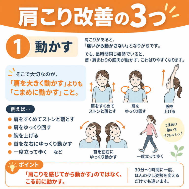 肩こり改善の3つのポイント｜動かす・温める・姿勢を見直そう