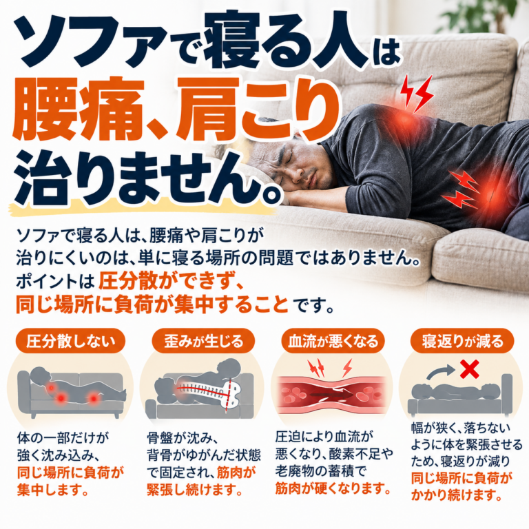 「ソファで寝ると腰痛・肩こりが治りにくい？原因は体圧の集中と寝姿勢」